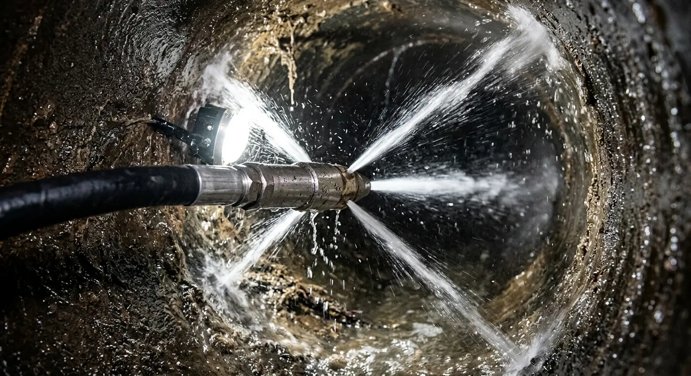 High-pressure hydro jetting nozzle cleaning sewer pipe for Trenchless Sewer Repair in Blooming Grove