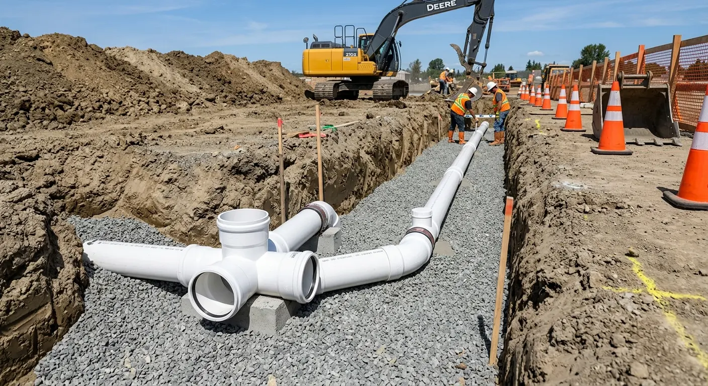 New PVC sewer pipe installation in open trench for Sewer Backup in Blooming Grove