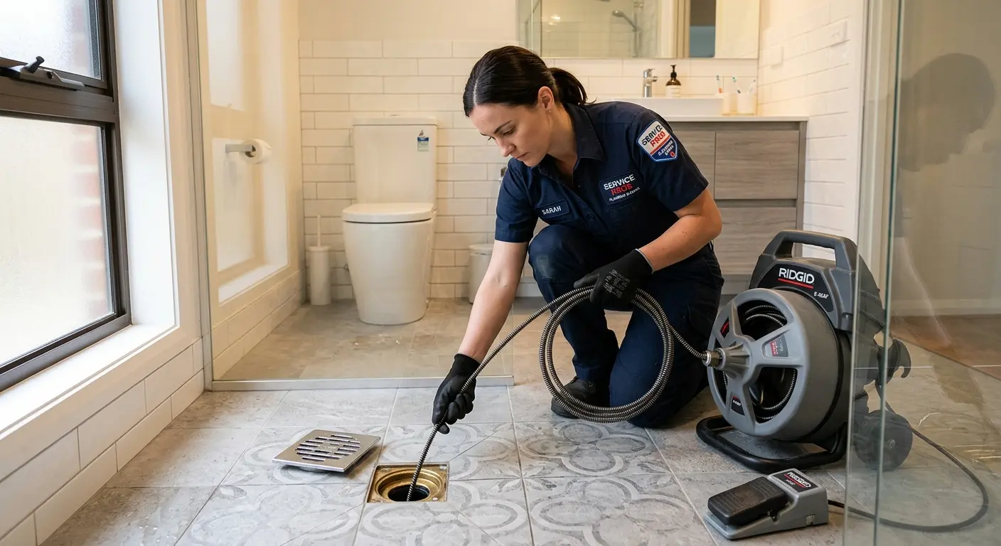 Technician clearing a bathroom floor drain for Sewer Line Installation in Blooming Grove